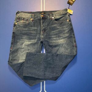 True Religion dark blue denim jeans with red accents relaxed fit